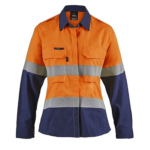 Ladies Hi Vis Two Tone Open Front Shirt With Gusset Sleeves And Fr Reflective Tape Ladies Hi Vis Two Tone Open Front Shirt With Gusset Sleeves And Fr Reflective Tape